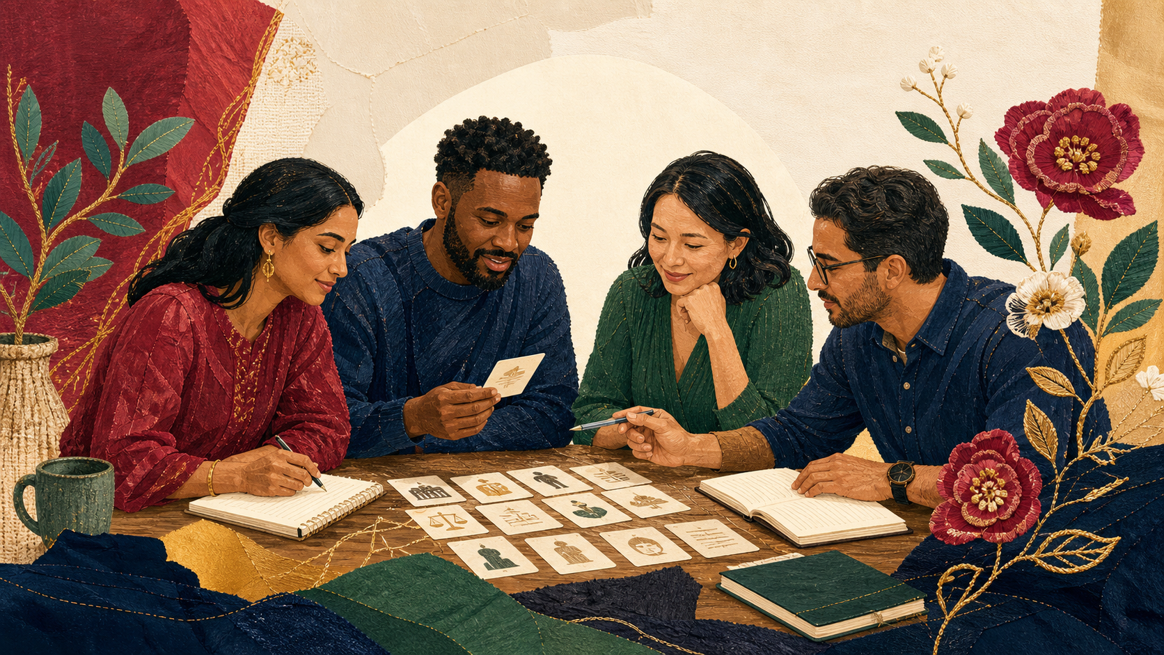 A diverse group of adults studying civics together with notebooks and practice cards