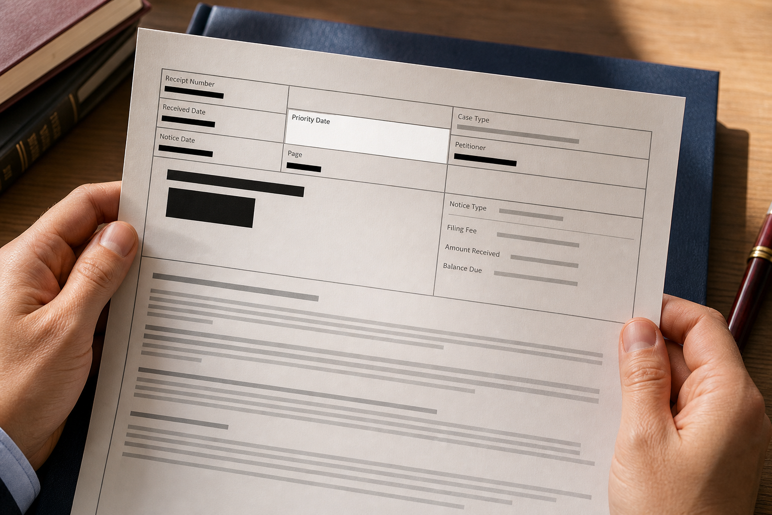 Hands holding a privacy-redacted sample receipt notice with the priority-date area near the top
